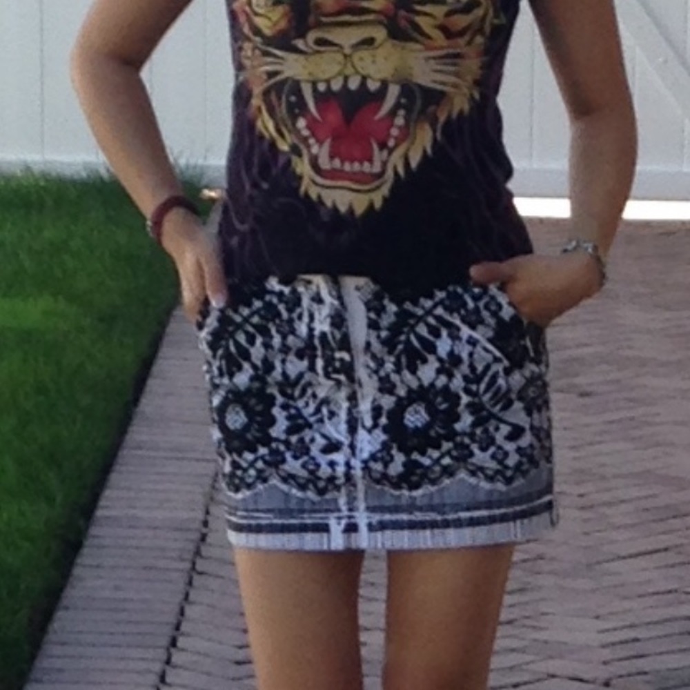 Denim with lace print